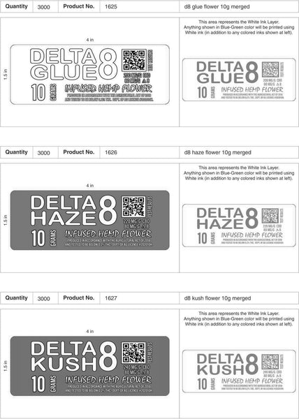 CBD + CBG + D8 THC PRODUCT LABELS.